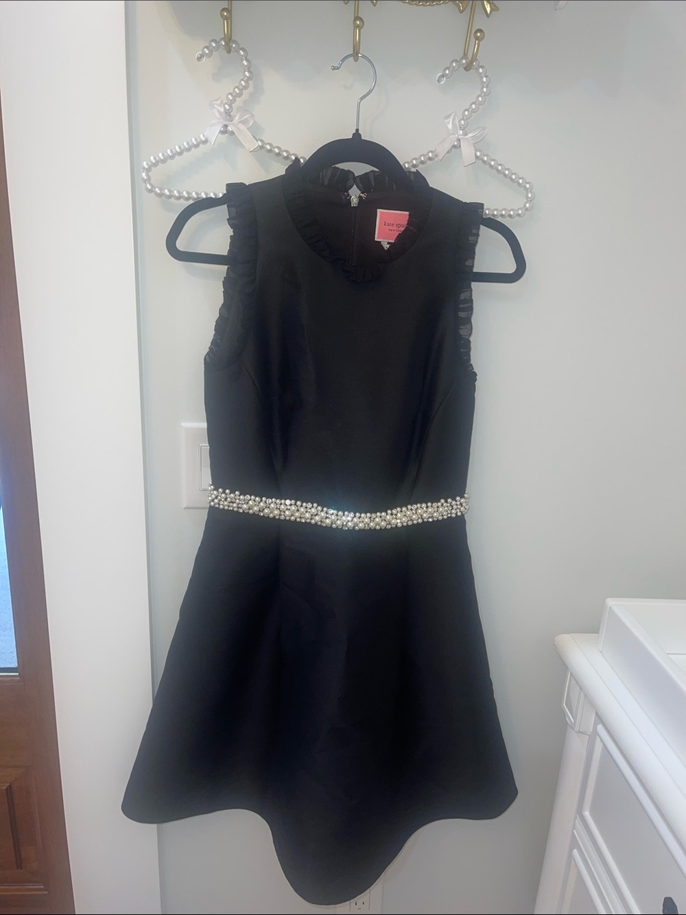 kate spade Black Pearl-Trim Sleeveless Ruffle-Neck Party Dress